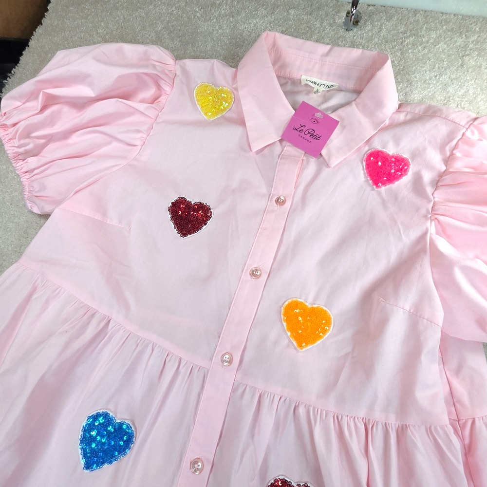 Mainstrip Heart Sequin Dress Womens L Pink Babydoll Puff Sleeve Cotton Mini